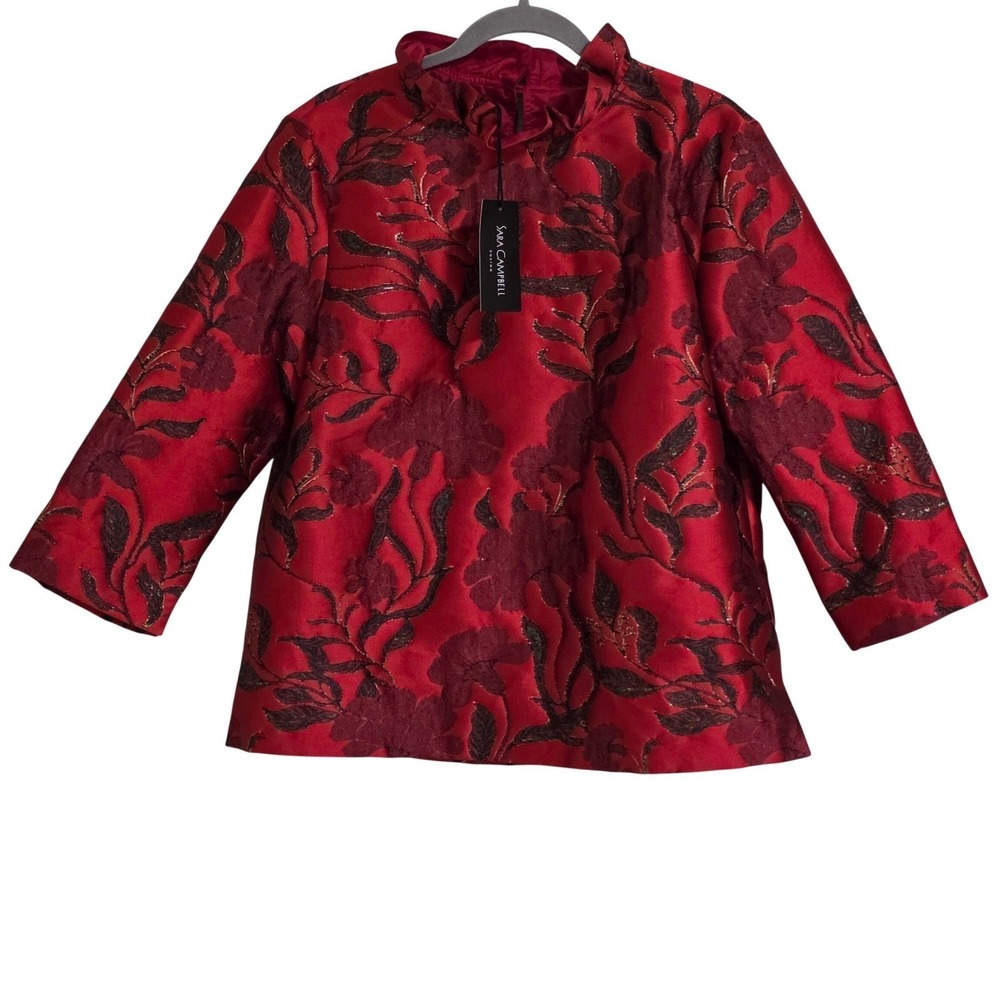 Sara Campbell Finch Blouse Womens Lg Red Floral Metallic Brocade Ruffle Neck NWT
